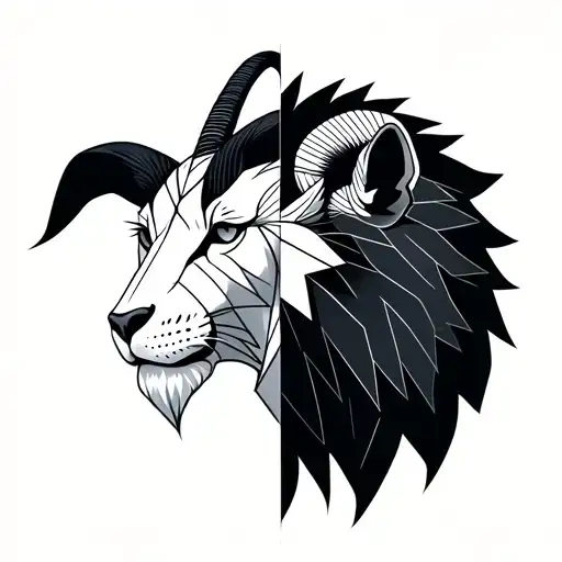 a minimal line art tattoo of a half lion head and a half goat head combined tattoo design idea