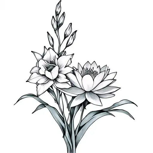gladiolus flower and water lily connected by vines tattoo design idea