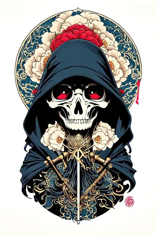 glam grim reaper death seal tattoo design idea