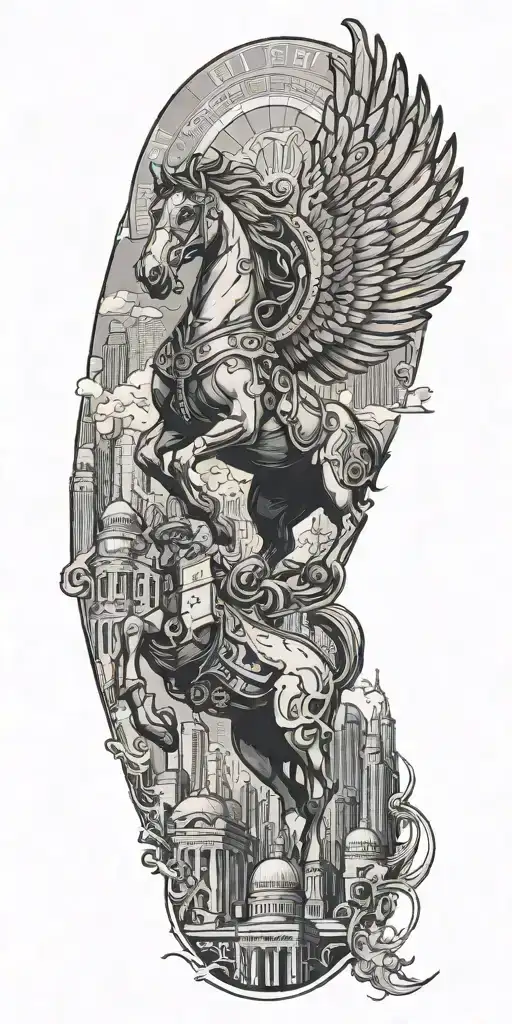 A tattoo design merging engineering and Greek mythology, featuring a mechanical depiction of Pegasus flying over a cityscape tattoo design idea