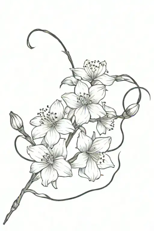fine line black ink drawing of singular narcisuss, hawthorn and carnation flowers tied together at stem with string bow tattoo design idea