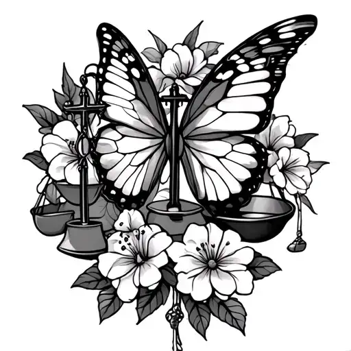 Boat Scales of justice butterfly cross and flowrrs tattoo design idea