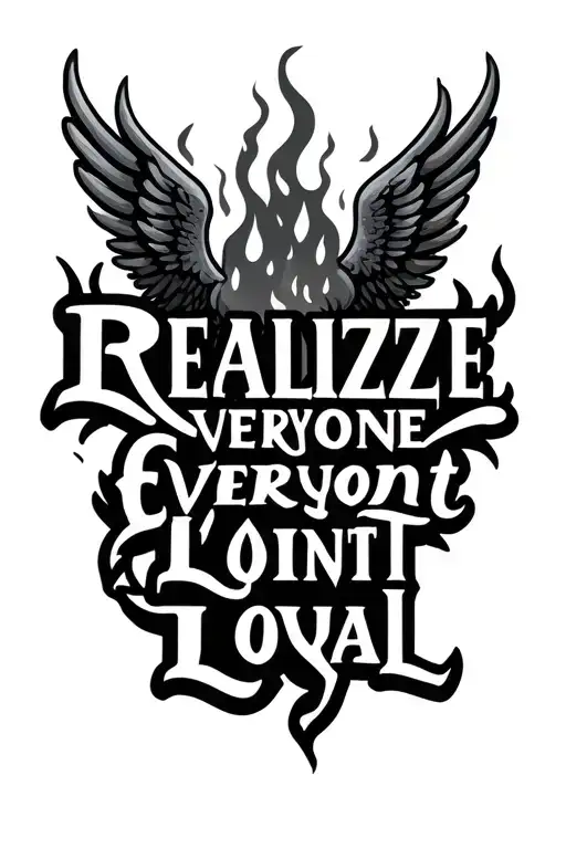 "Realize Everyone Aint Loyal" Flames and Angel wings tattoo design idea