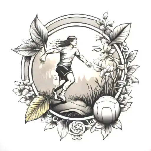 Number 7 volleyball player walking in a garden scene tattoo design idea