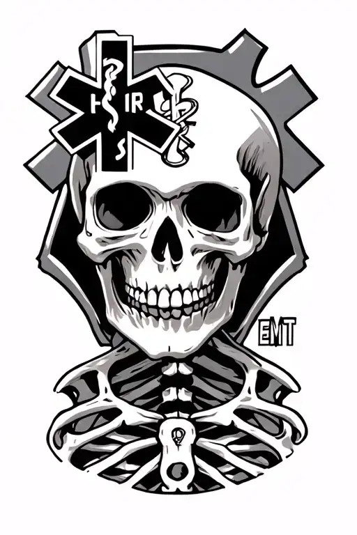 A skeleton with an EMT symbol incorporated tattoo design idea