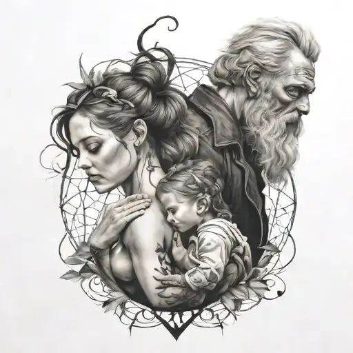 A symbolic representation of a father's strength and love for his daughters in a blackwork style tattoo tattoo design idea