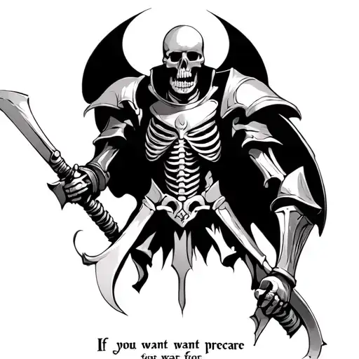 "If you want peace, prepare for war" Skeleton Knight tattoo design idea