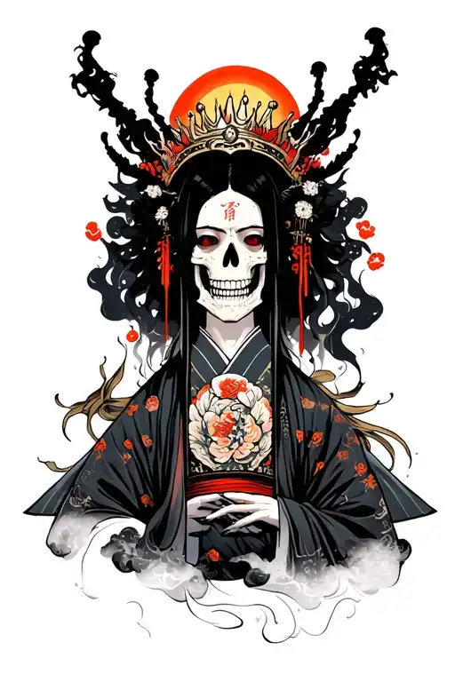 Inazami (death) with kimonon and crown, sun of death, mist, traditional japanese tattoo design idea