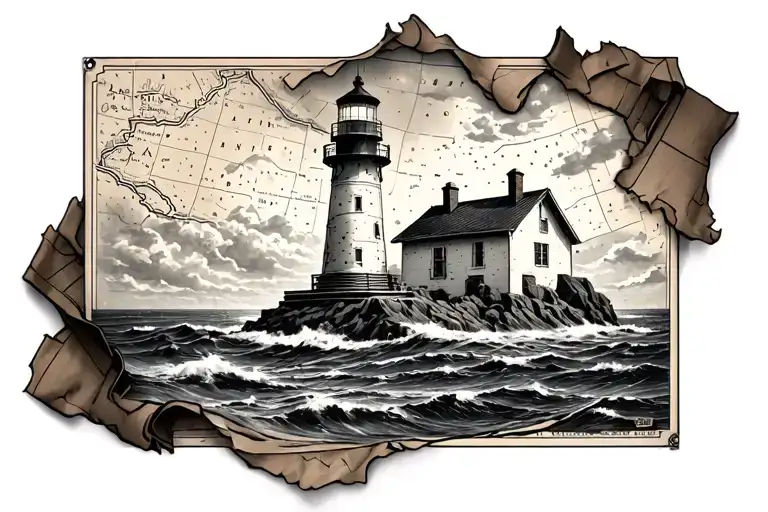 lighthouse coming out of a paper map tattoo design idea