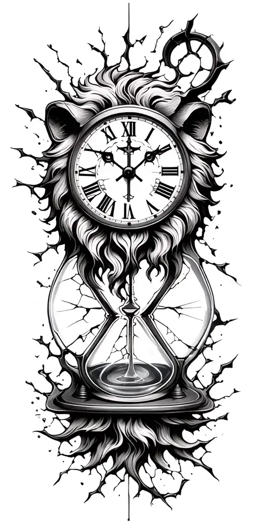 broken clock face hour glass lion cross infinity five kids tattoo design idea
