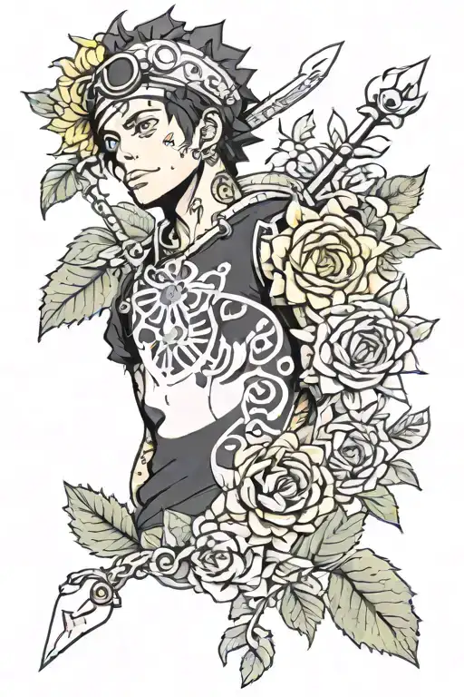 Trafalgar law from one piece, sunflowers, roses, hearts, and black girl  tattoo design idea