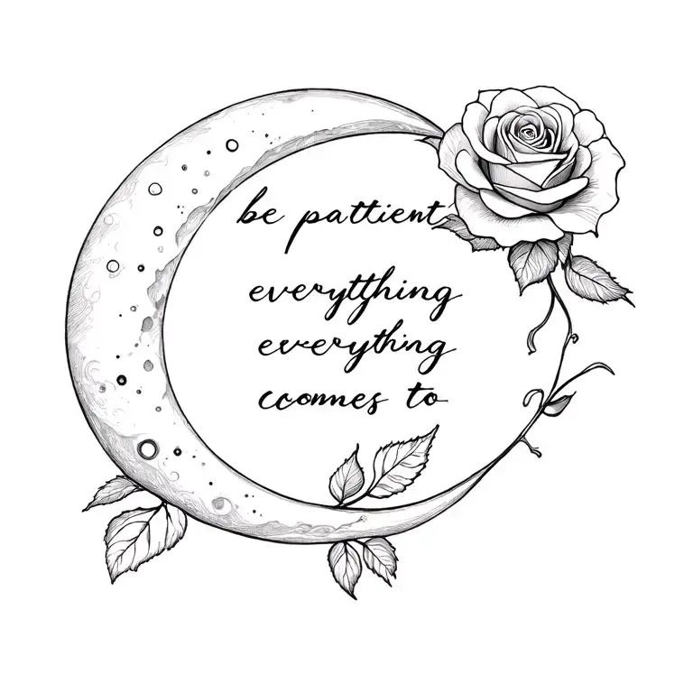 "be patient everything comes to" "be patient everything comes to" Writing along the spine. A fineline rose in the area of the neck, which is connected to the writing. Add triple moon des tattoo design idea