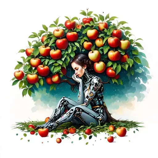 biomechanical Victorian era cyborg woman sitting under biomechanical apple tree tattoo design idea
