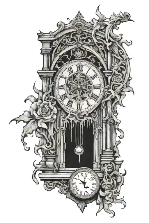 gothic window clock melting tattoo design idea