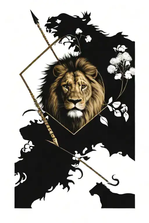 half lion and lioness arrow surrounded by dandelions tattoo design idea