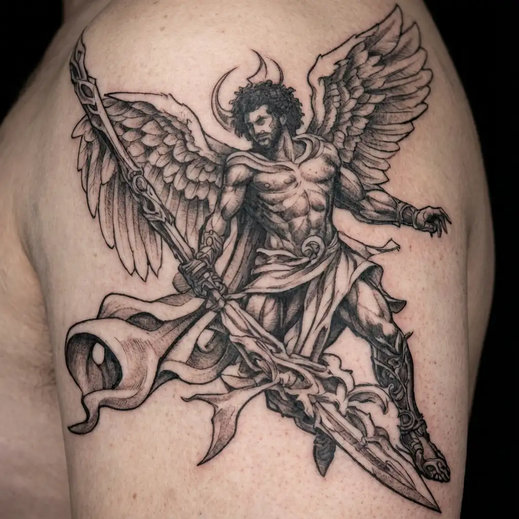 African American male version of Michael the  arch angel defeating Lucifer hold sword towards the sky tattoo design idea