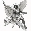 African American male version of Michael the  arch angel defeating Lucifer hold sword towards the sky tattoo design idea