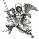 African American male version of Michael the  arch angel defeating Lucifer hold sword towards the sky tattoo design idea
