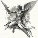 African American male version of Michael the  arch angel defeating Lucifer hold sword towards the sky tattoo design idea
