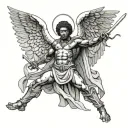 African American male version of Michael the  arch angel defeating Lucifer hold sword towards the sky tattoo design idea