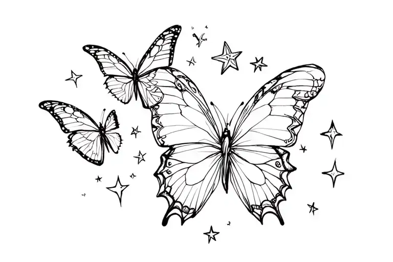 butterflies and stars with 444 written tattoo design idea