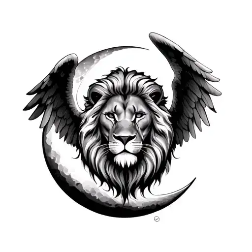 Lion With Angel Wings in a creasant moon tattoo design idea