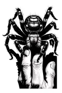 a bold jumping spider on the ring finger crawling around it with a web connecting to a web spread out on the hand  tattoo design idea