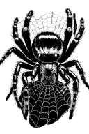 a bold jumping spider on the ring finger crawling around it with a web connecting to a web spread out on the hand  tattoo design idea