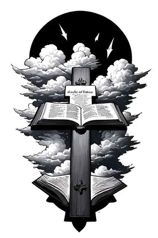 clouds surrounding cross and bible with verses falling of the bible tattoo design idea