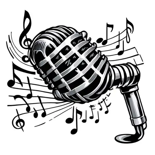 old microphone and musical notes intertwined tattoo design idea