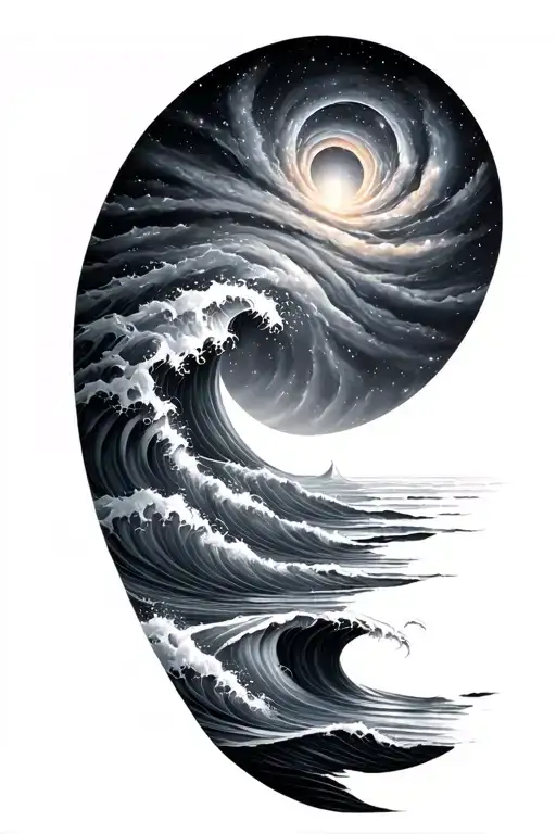 Black and grey sleeve: spiral galaxy above ocean waves, smooth transition, elegant and dark realism. tattoo design idea