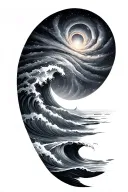 Black and grey sleeve: spiral galaxy above ocean waves, smooth transition, elegant and dark realism. tattoo design idea