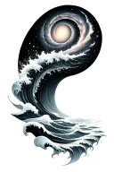 Black and grey sleeve: spiral galaxy above ocean waves, smooth transition, elegant and dark realism. tattoo design idea