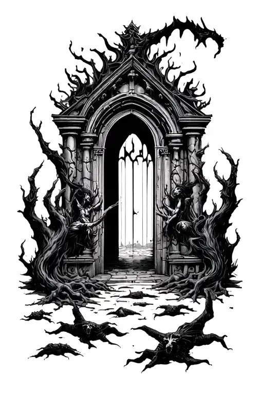 gates of hell with falling souls  tattoo design idea