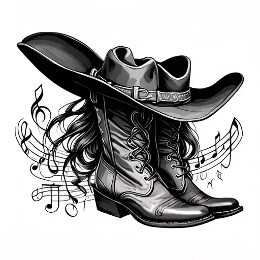 women's cowboy hat with boots and music notes intertwined tattoo design idea
