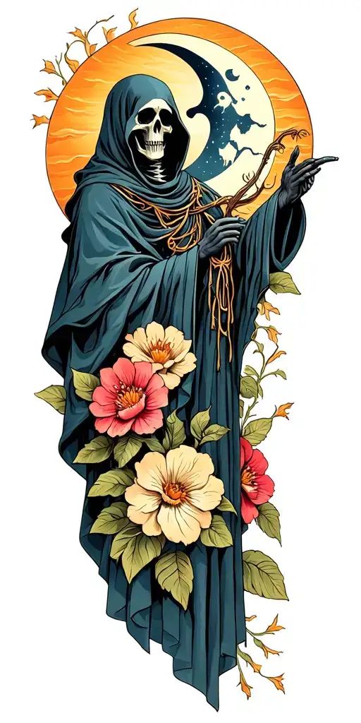 grim reaper full body with sun and moon with flowers tattoo design idea