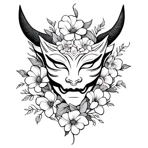oni mask wrapped in flowers tattoo design idea