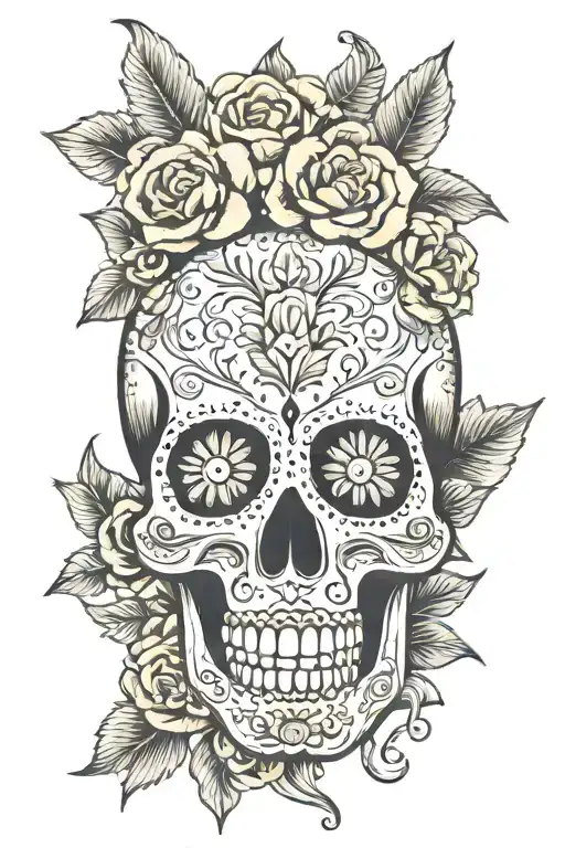 mexican art carved on a skull and flowers around the skull for dias de muertos celeberation that brings life and death t tattoo design idea