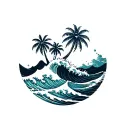 circle worn wave crashing, two or theee palm trees coming out of wave extending past circle  tattoo design idea
