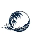 circle worn wave crashing, two or theee palm trees coming out of wave extending past circle  tattoo design idea
