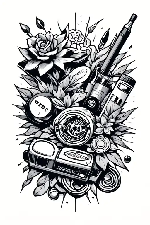 A board of 9 Flash Tattoo of objects from the 90s in minimalist tattoo design idea