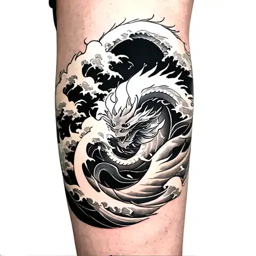 Japanese style tattoo on the whole calf, from the picture a pattern of waves, from above a pattern of clouds, from the bottom up horizontally a spiral dragon tattoo design idea