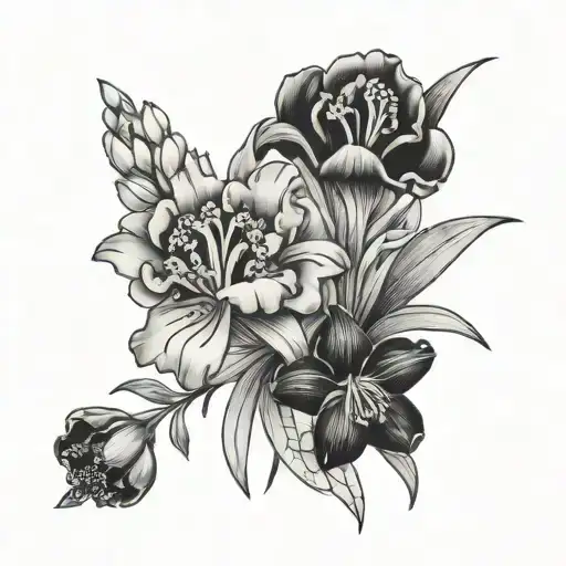 carnation, violet, iris, snowdrop flower bouquet tattoo design idea