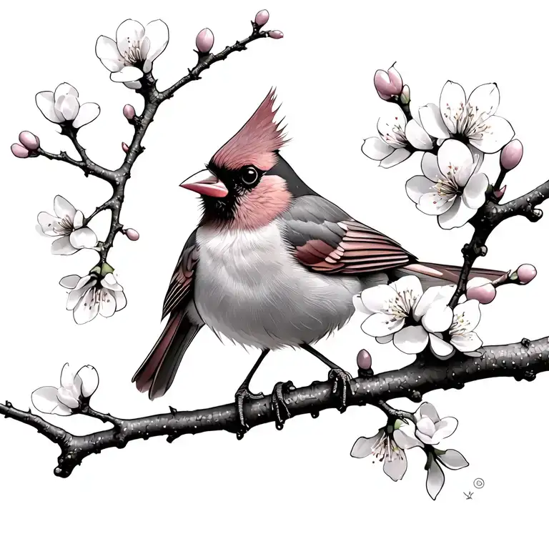 cardinal in cherry blossom tree branch tattoo design idea