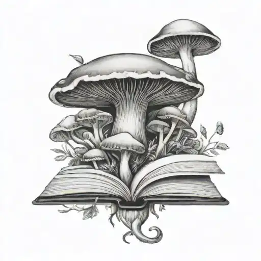 A book with mushrooms growing tattoo design idea