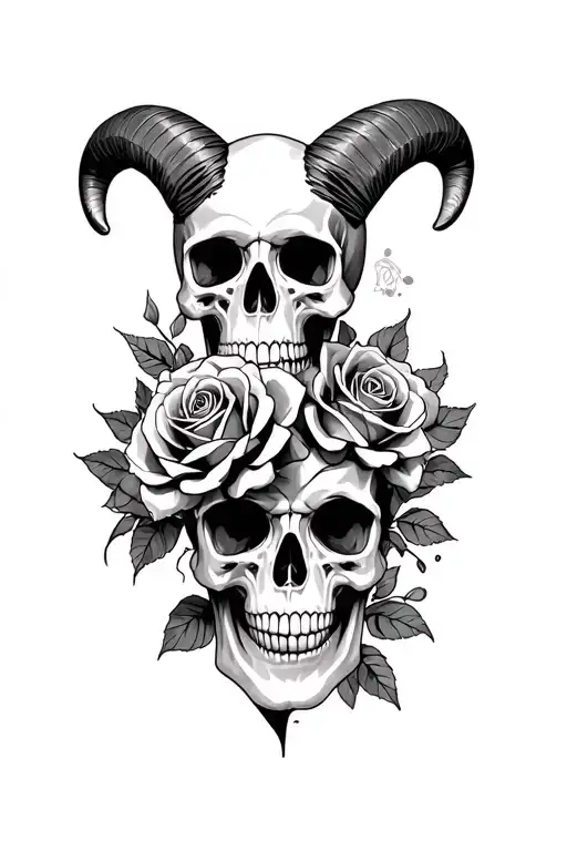 aries+roses+skull tattoo design idea