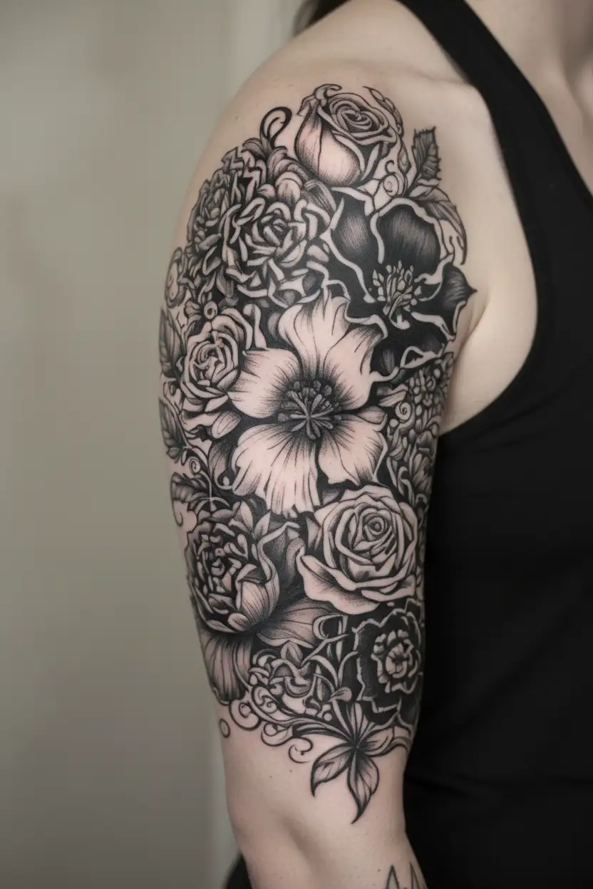 Cornflower, iris, thistle, shamrock, rose intertwined tattoo design idea