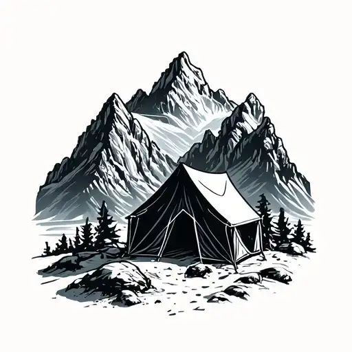 1 hiking tent in moutains tattoo design idea