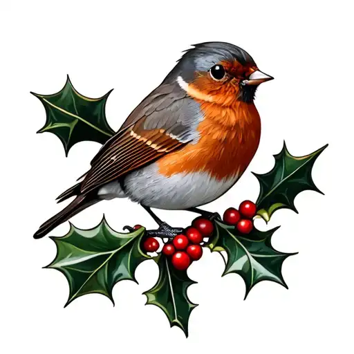 British robin perched on a holly tree branch tattoo design idea
