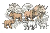 small brown bear, rhino and lion set in a nature scene tattoo design idea